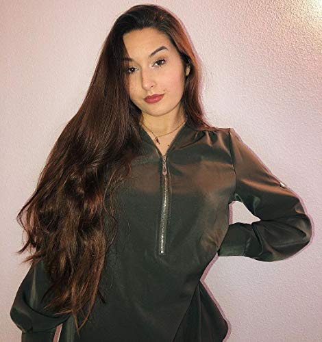 YOINS Camiseta Mujer Manga Larga Camisa V Cuello de Gasa Blusa de Otoño Cremallera Tops Verde-Nuevo M