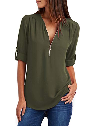 YOINS Camiseta Mujer Manga Larga Camisa V Cuello de Gasa Blusa de Otoño Cremallera Tops Verde-Nuevo M