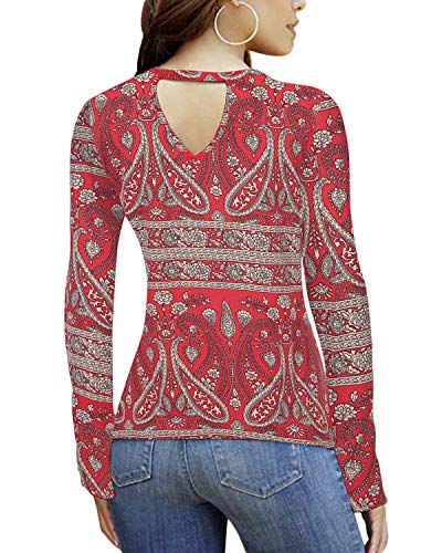 YOINS Camiseta Sexy para Mujer Ahuecar Blusa Elegante Translúcido de Gasa Ligera Tops de Manga Larga Cuello V D-Rojo EU46