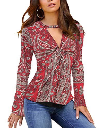 YOINS Camiseta Sexy para Mujer Ahuecar Blusa Elegante Translúcido de Gasa Ligera Tops de Manga Larga Cuello V D-Rojo EU46