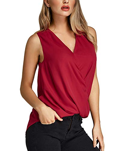 YOINS Camiseta Sin Mangas Mujer Camisola Gasa Camiseta con Cuello En V Camisa Trabajo Informal Playa Blusa Tops Verano Vino Rojo L