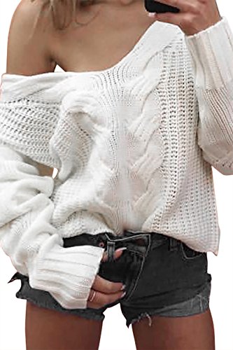 YOINS - Jersey de punto para mujer de manga larga, sin hombros, escote en V Color blanco. L