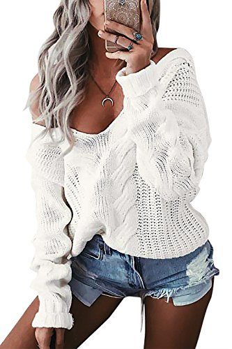 YOINS - Jersey de punto para mujer de manga larga, sin hombros, escote en V Color blanco. L