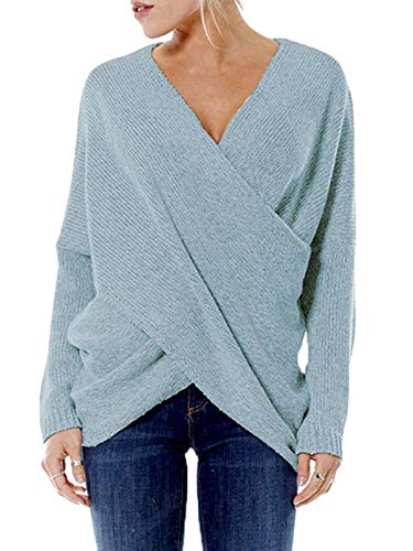 YOINS Jersey Punto Mujer Invierno Suéter Cuello en V Jerséis Manga Larga Camiseta Basico Suelto Cruzado Jerseys Camisa Tops Pull-Over Suéter Mujer Primavera Otoño Cielo Azul-Nuevo L