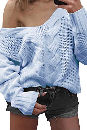 YOINS Mujer Suéter Fuera del Hombro Suéter con Cuello En V Suéter Hueco Jersey De Punto De Manga Larga Casual Pullover Azul Claro S