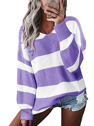 YOINS Sudadera para mujer a rayas, sudadera, jersey de punto, cuello en V, camiseta de manga larga morado M