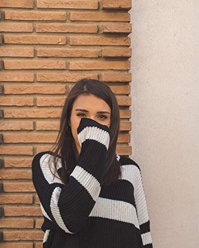 YOINS Sudadera para mujer a rayas, sudadera, jersey de punto, cuello en V, camiseta de manga larga Negro L