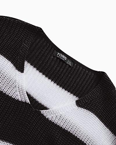 YOINS Sudadera para mujer a rayas, sudadera, jersey de punto, cuello en V, camiseta de manga larga Negro L