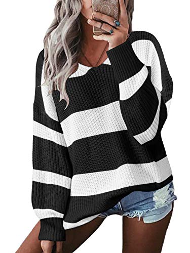 YOINS Sudadera para mujer a rayas, sudadera, jersey de punto, cuello en V, camiseta de manga larga Negro L