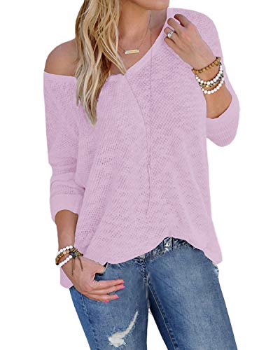 YOINS Suéter Punto Mujer Invierno Jersey Cuello en V Camiseta Manga Larga Jerséis Basico Suelto Jerseys Camisa Mujer Primavera Otoño A-Violeta Claro L