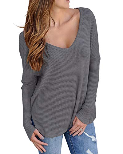YOINS Suéter Punto Mujer Invierno Jersey Cuello en V Camiseta Manga Larga Jerséis Basico Suelto Jerseys Camisa Mujer Primavera Otoño Gris Oscuro 05 EU36-38