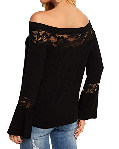 YOINS - Top de encaje de manga larga con hombros descubiertos, cuello barco, manga acampanada de encaje, sexy y elegante C-noir XXL