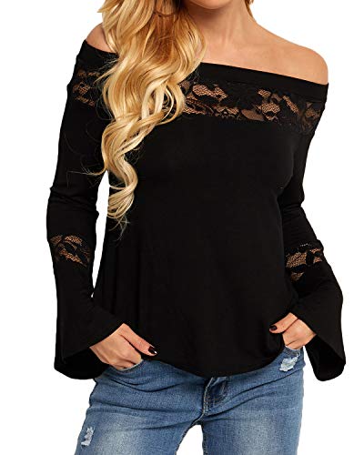 YOINS - Top de encaje de manga larga con hombros descubiertos, cuello barco, manga acampanada de encaje, sexy y elegante C-noir XXL