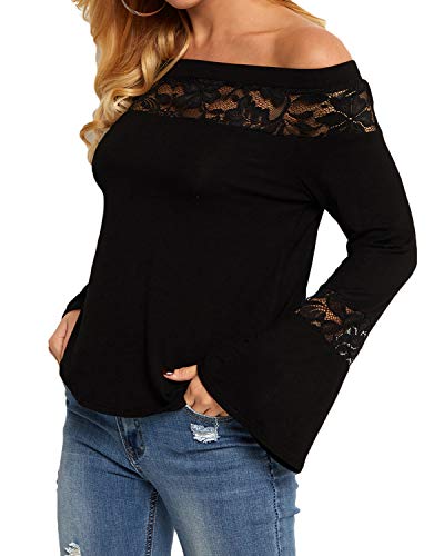 YOINS - Top de encaje de manga larga con hombros descubiertos, cuello barco, manga acampanada de encaje, sexy y elegante C-noir XXL