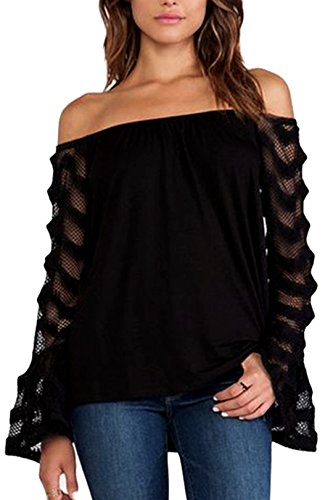 YOINS - Top de encaje de manga larga con hombros descubiertos, cuello barco, manga acampanada de encaje, sexy y elegante Nouveau-noir S