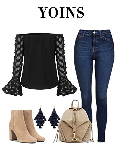 YOINS - Top de encaje de manga larga con hombros descubiertos, cuello barco, manga acampanada de encaje, sexy y elegante Nouveau-noir S