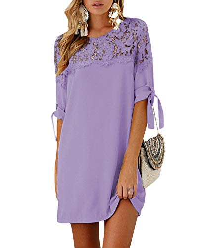 YOINS Vestido Casual para Mujer Verano Vestidos Largos Manga Corta con Cuello Redondo Elegante Tops de Fiesta Morado-Encaje XL