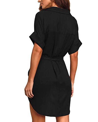 YOINS Vestido Corto para Mujer Mini Vestidos de Verano Cuello en V Camiseta Manga Corta de Playa Negro S