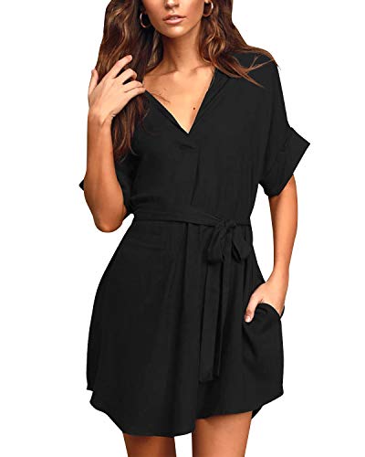 YOINS Vestido Corto para Mujer Mini Vestidos de Verano Cuello en V Camiseta Manga Corta de Playa Negro S