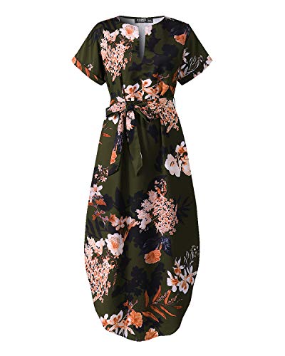 YOINS Vestido de verano largo para mujer, cuello en V, maxivestido para la playa Flores de color verde militar. XXL