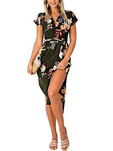 YOINS Vestido de verano largo para mujer, cuello en V, maxivestido para la playa Flores de color verde militar. XXL