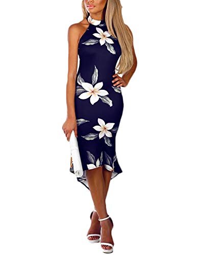 YOINS Vestido de verano para mujer, largo hasta la rodilla, cintura alta, sin mangas, cuello halter Flor 03. L