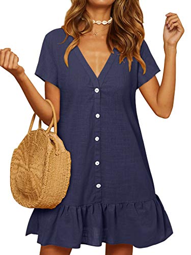YOINS - Vestido de verano para mujer, manga corta, cuello de pico, cierre con botones, diseño tipo túnica