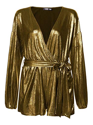 YOINS Vestido Fiesta Mujer Largo Mono Vestido Lentejuelas Mujer Manga Larga Casual Cuello En V Camisa Brillante Jumpsuit Elegante Oro Rosa L