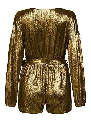 YOINS Vestido Fiesta Mujer Largo Mono Vestido Lentejuelas Mujer Manga Larga Casual Cuello En V Camisa Brillante Jumpsuit Elegante Oro Rosa L