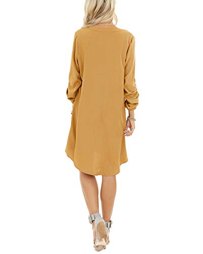 YOINS Vestido Mujer Verano Vestido con Cuello En V Camisa Medias Manga con Botones Moda Vestidos Casual Camisero Amarillo-01 XL