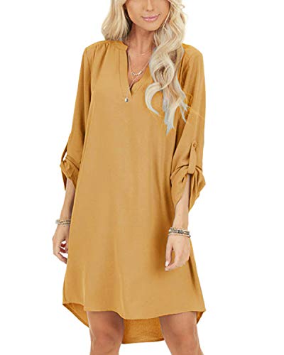 YOINS Vestido Mujer Verano Vestido con Cuello En V Camisa Medias Manga con Botones Moda Vestidos Casual Camisero Amarillo-01 XL