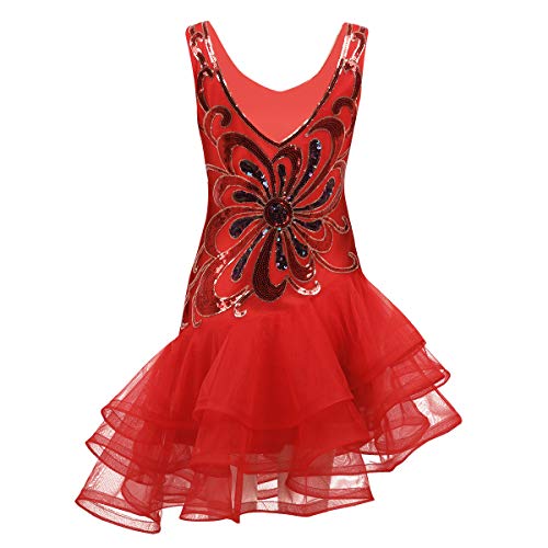 YOOJIA Mujer Vestido Danza Latina Vestido Baile de Salsa Lentejuelas Brillante Falda Asimétrica Chica Traje Lujoso Bailarina Rendimiento Adulto Rojo Medium