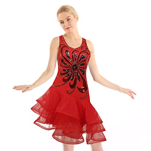 YOOJIA Mujer Vestido Danza Latina Vestido Baile de Salsa Lentejuelas Brillante Falda Asimétrica Chica Traje Lujoso Bailarina Rendimiento Adulto Rojo Medium