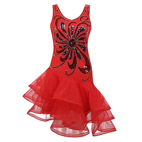 YOOJIA Mujer Vestido Danza Latina Vestido Baile de Salsa Lentejuelas Brillante Falda Asimétrica Chica Traje Lujoso Bailarina Rendimiento Adulto Rojo Medium