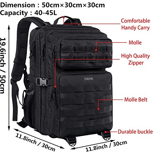 YOREPEK Mochila Militar Táctica de Asalto Grande con Sistema Molle y 45 L Capacidad, Ideal para el Senderismo, Acampadas, Montañismo, Viajes y Aire Libre Ciclismo,Negro