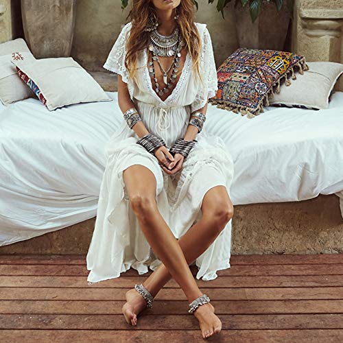 YouKD Vestido de Algodón de Encaje para Mujer Túnica Floral Boho Kimono Suelto Bikini de Playa Vestidos Cover Up Dress