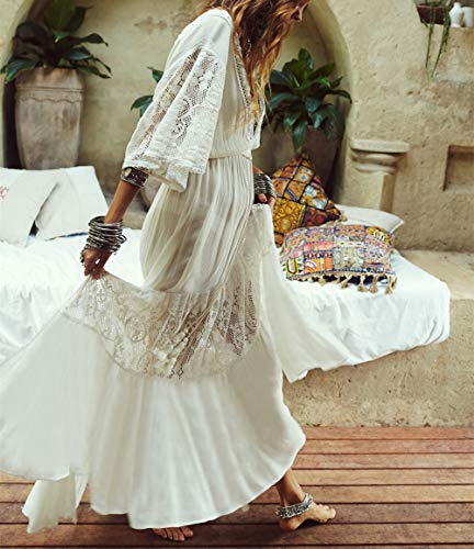 YouKD Vestido de Algodón de Encaje para Mujer Túnica Floral Boho Kimono Suelto Bikini de Playa Vestidos Cover Up Dress