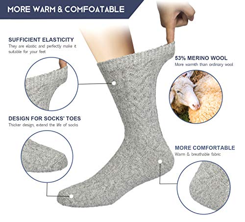 YSense 6pares Calcetines Hombre Lana Merino Antideslizantes Calcetines Gruesos Cálidos para Invierno Ocasionales Calcetines de senderismo premium transpirables,para Hombres Mujeres (Gris 6)