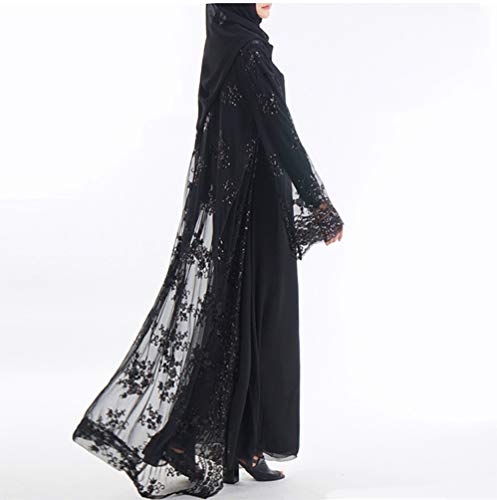 YuanDian Musulmana Vestidos Largos Islámica Mujeres Ropa Elegante Manga Larga Vestidos Musulmán Maxi Abaya Vestido Bordado con Lentejuelas Rebeca Vestido Negro M