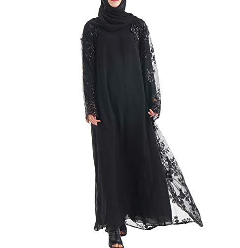 YuanDian Musulmana Vestidos Largos Islámica Mujeres Ropa Elegante Manga Larga Vestidos Musulmán Maxi Abaya Vestido Bordado con Lentejuelas Rebeca Vestido Negro L