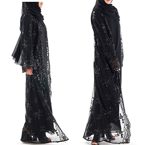 YuanDian Musulmana Vestidos Largos Islámica Mujeres Ropa Elegante Manga Larga Vestidos Musulmán Maxi Abaya Vestido Bordado con Lentejuelas Rebeca Vestido Negro M