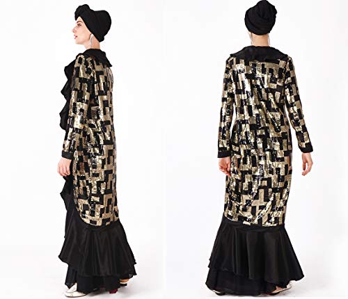 YuanDian Musulmana Vestidos Largos Islámica Mujeres Ropa Elegante Manga Larga Vestidos Musulmán Maxi Abaya Vestido Cola De Pez Lentejuelas Bordado Vestido Negro M