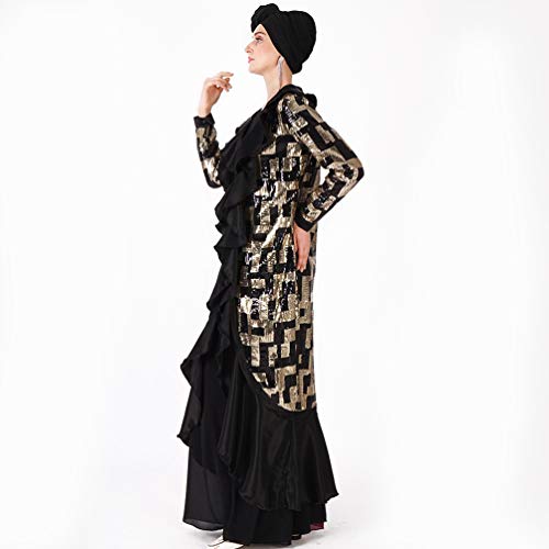 YuanDian Musulmana Vestidos Largos Islámica Mujeres Ropa Elegante Manga Larga Vestidos Musulmán Maxi Abaya Vestido Cola De Pez Lentejuelas Bordado Vestido Negro M
