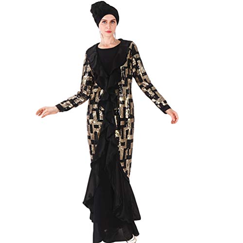 YuanDian Musulmana Vestidos Largos Islámica Mujeres Ropa Elegante Manga Larga Vestidos Musulmán Maxi Abaya Vestido Cola De Pez Lentejuelas Bordado Vestido Negro M