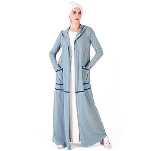 YuanDian Musulmana Vestidos Largos Islámica Mujeres Ropa Elegante Manga Larga Vestidos Musulmán Maxi Abaya Vestido Color Sólido Bata Deportiva Cuello Redondo Azul L
