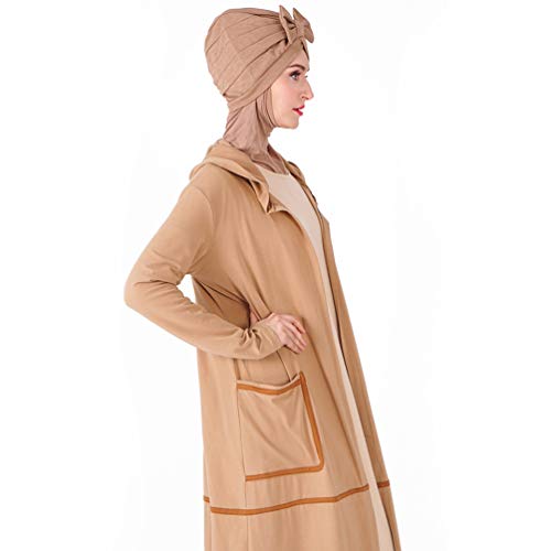 YuanDian Musulmana Vestidos Largos Islámica Mujeres Ropa Elegante Manga Larga Vestidos Musulmán Maxi Abaya Vestido Color Sólido Bata Deportiva Cuello Redondo Caqui L