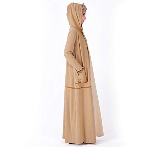 YuanDian Musulmana Vestidos Largos Islámica Mujeres Ropa Elegante Manga Larga Vestidos Musulmán Maxi Abaya Vestido Color Sólido Bata Deportiva Cuello Redondo Caqui L