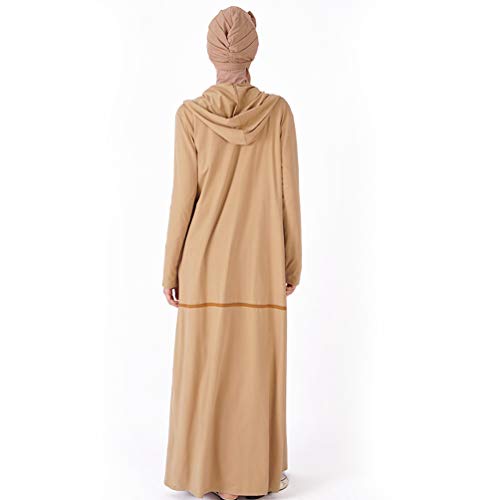 YuanDian Musulmana Vestidos Largos Islámica Mujeres Ropa Elegante Manga Larga Vestidos Musulmán Maxi Abaya Vestido Color Sólido Bata Deportiva Cuello Redondo Caqui L
