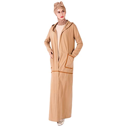 YuanDian Musulmana Vestidos Largos Islámica Mujeres Ropa Elegante Manga Larga Vestidos Musulmán Maxi Abaya Vestido Color Sólido Bata Deportiva Cuello Redondo Caqui L