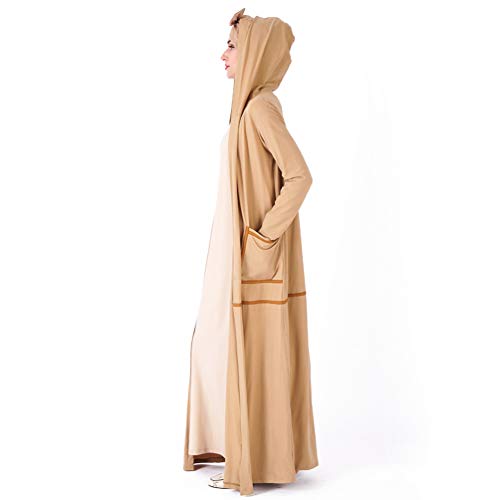YuanDian Musulmana Vestidos Largos Islámica Mujeres Ropa Elegante Manga Larga Vestidos Musulmán Maxi Abaya Vestido Color Sólido Bata Deportiva Cuello Redondo Caqui L